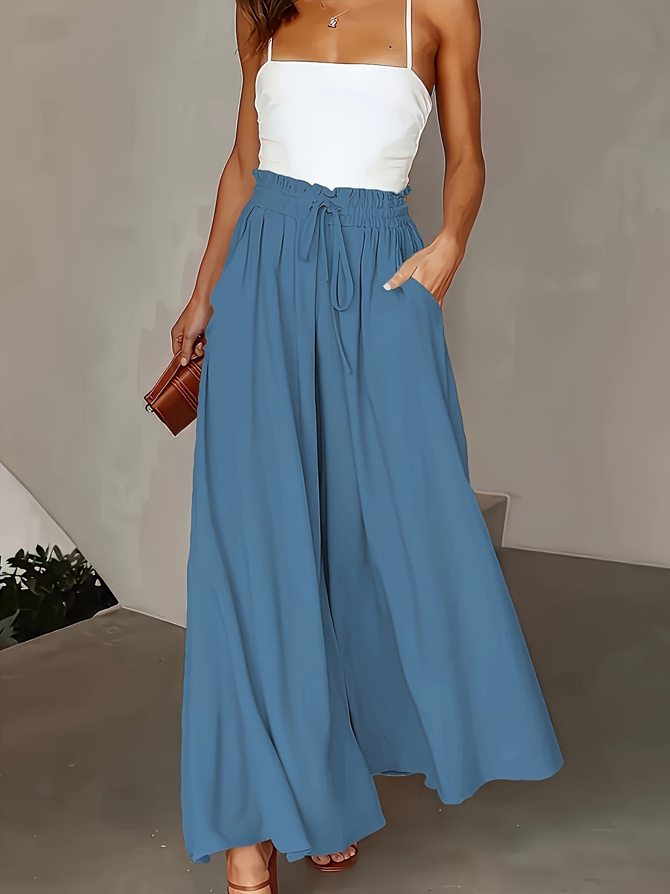 Jupe longue large taille haute avec poches pour femme – Style décontracté chic printemps/été