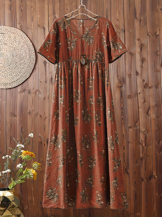 Vestido largo casual para mujer estilo bohemio con estampado floral y escote en V, ideal para el verano