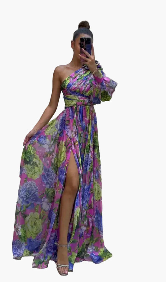 Wieczorowa sukienka damska z odkrytymi ramionami, kwiatowy styl chic, elegancka na wydarzenia i letnie okazje