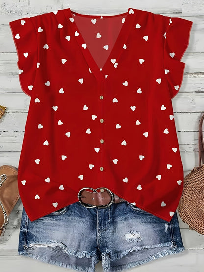 Blusa casual donna con stampa cuori, stile estivo, scollo a V, con bottoni