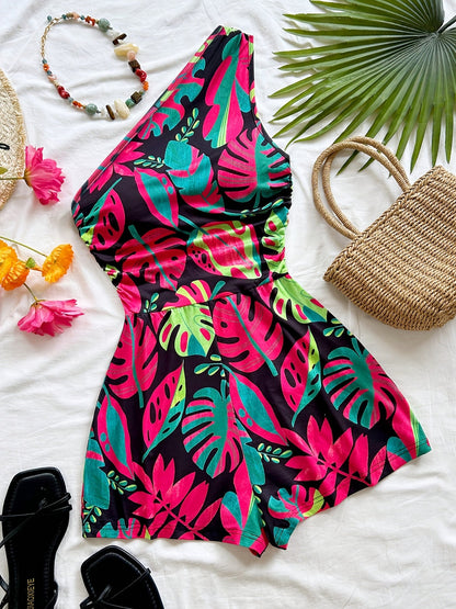 Combinaison Short Femme Une Épaule Style Tropical Été Chic
