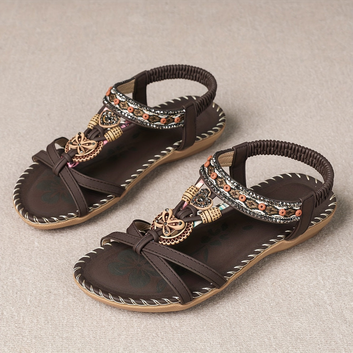 Women's Bohemian Slip-On Sandals with Ornaments and Ankle Strap - Casual Chic Style