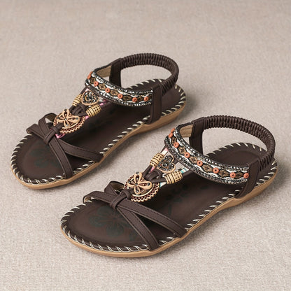 Women's Bohemian Slip-On Sandals with Ornaments and Ankle Strap - Casual Chic Style