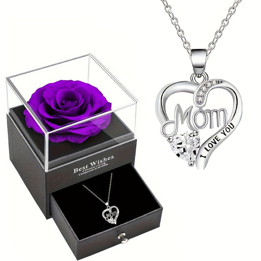 Collier Femme Pendentif Coeur 'Mom' avec Rose Éternelle – Cadeau Élégant pour la Fête des Mères