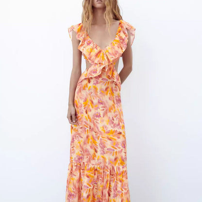 Robe longue femme style bohème à volants, sans manches, élégante pour l'été et occasions spéciales