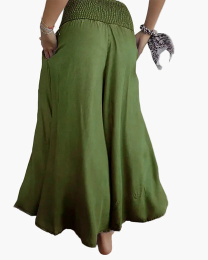 Pantaloni larghi a vita alta stile bohémien per donna, taglio fluido e comodo, ideali per tutti i giorni e il relax