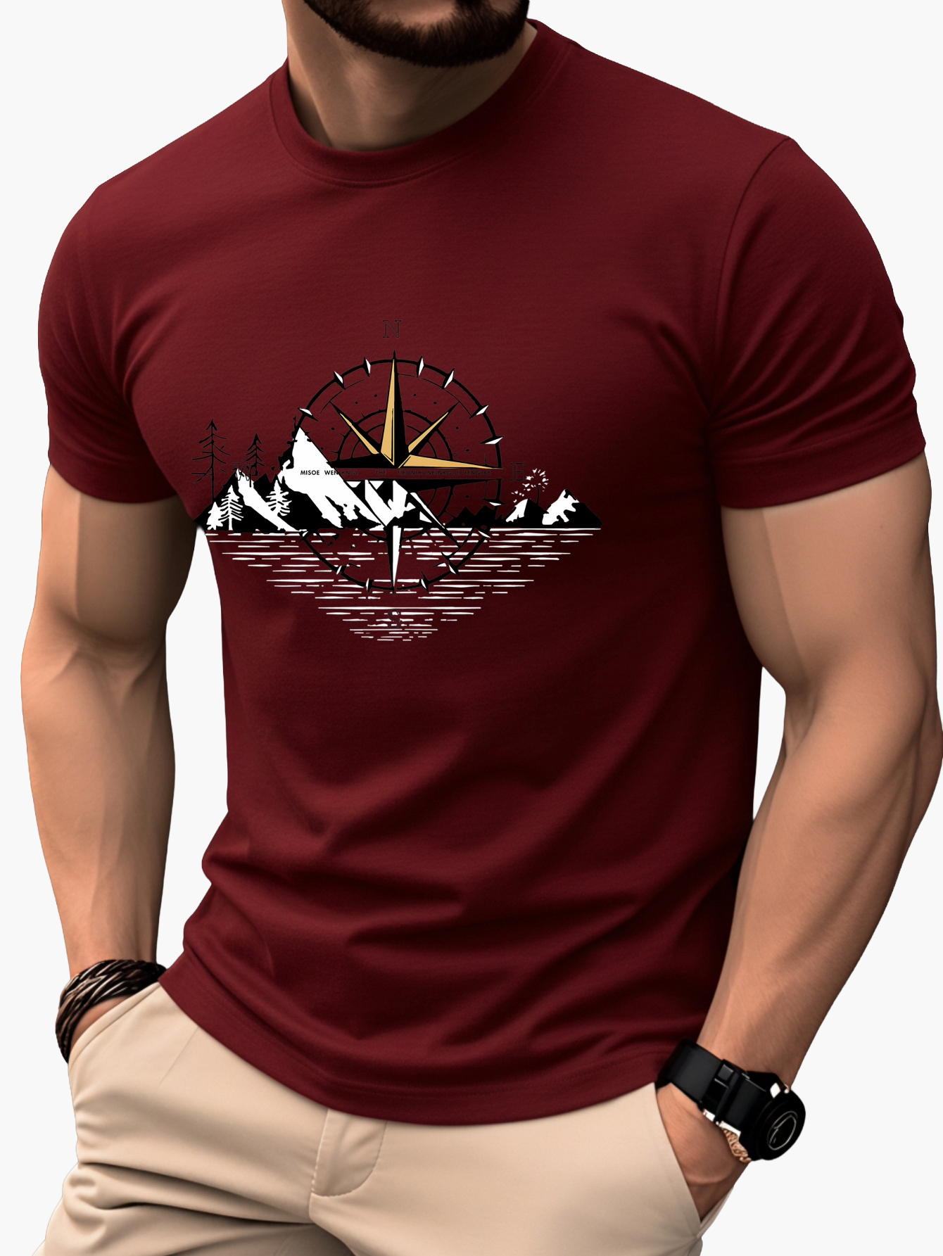 Herre T-shirt Eventyrstil Bjerg Kompas Grafik – Afslappet og Rejse