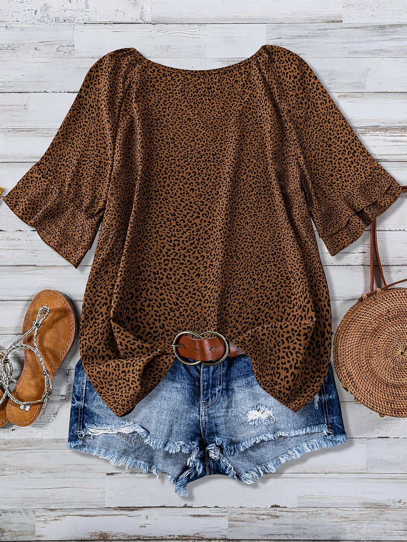 Blouse décontractée à imprimé léopard pour femme, style vacances, manches courtes avec volant