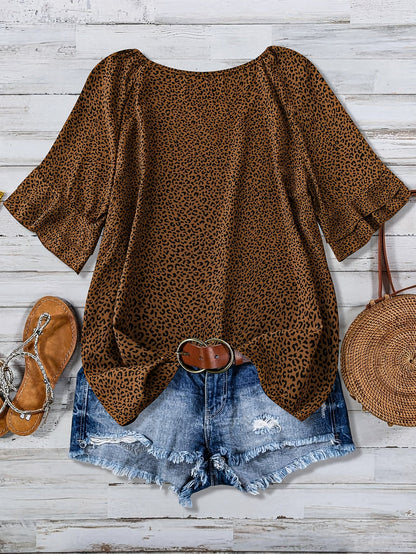 Blouse décontractée à imprimé léopard pour femme, style vacances, manches courtes avec volant