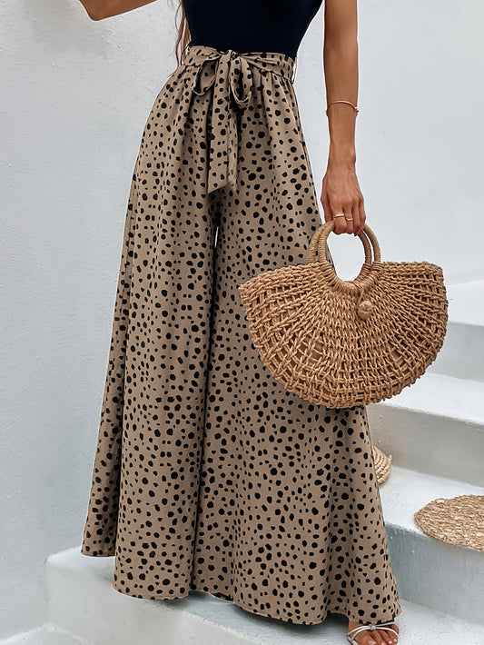 Pantaloni larghi a pois da donna stile elegante per primavera/estate con cintura annodata