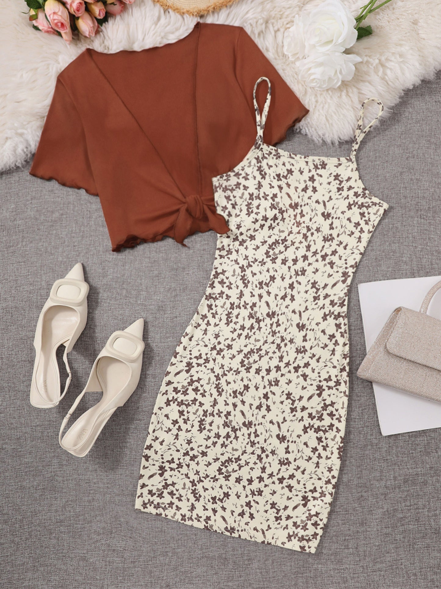 Elegante bloemenjurk met gestrikte bolero voor dames, chique lente- en zomeroutfit