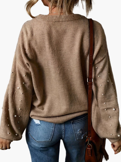 Pull femme élégant à perles style décontracté manches longues