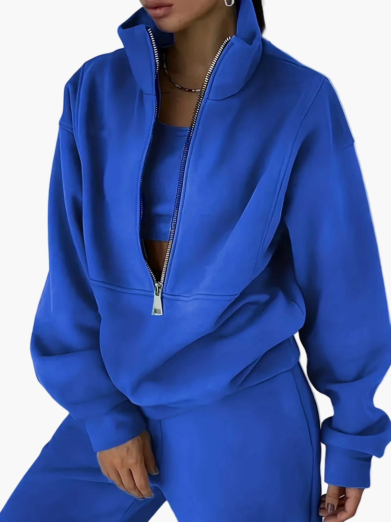 Sweat-shirt zippé à col montant pour femme, style décontracté, idéal automne/hiver