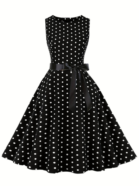 Abito vintage a pois senza maniche da donna, stile retrò svasato, ideale per l'estate e le occasioni speciali