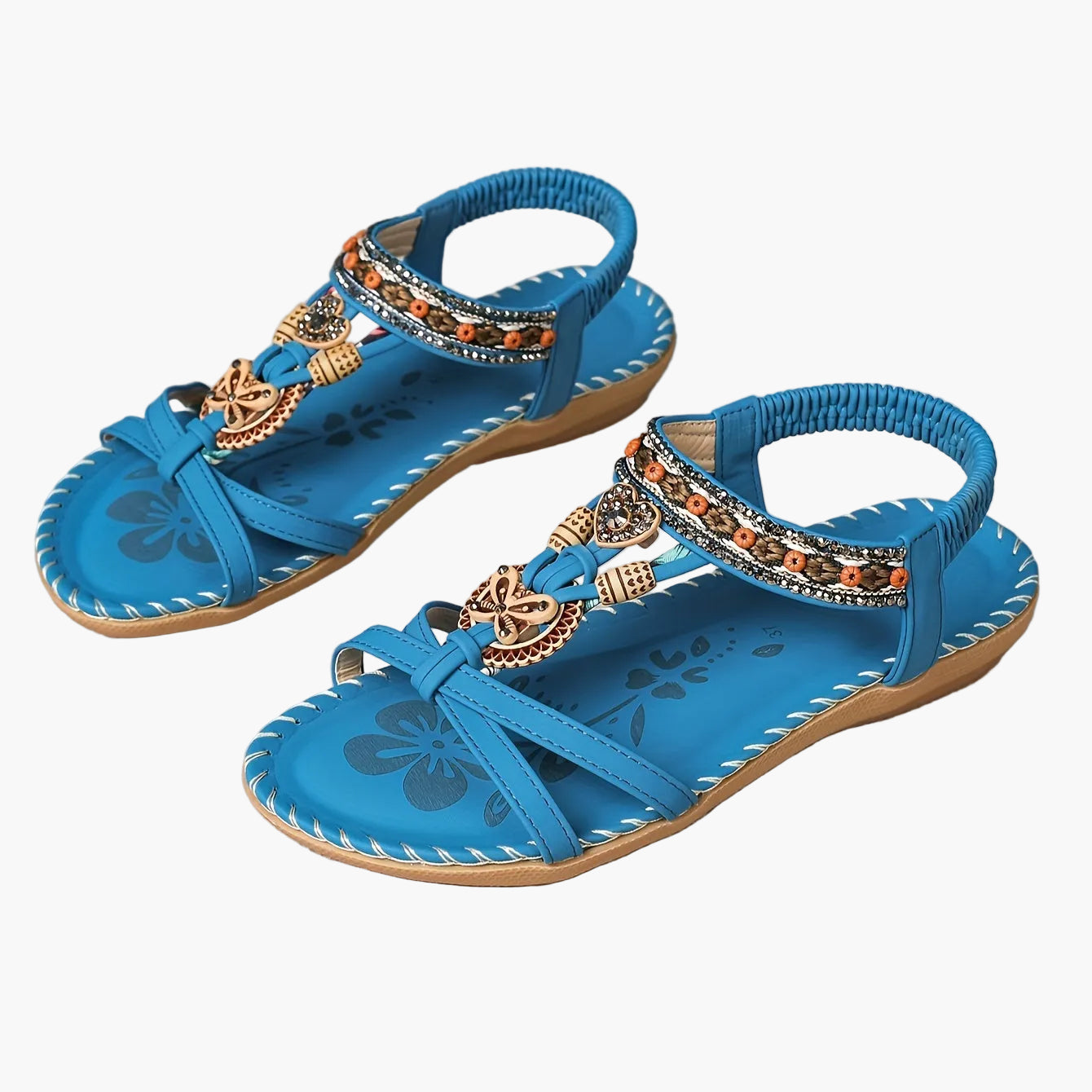 Women's Bohemian Slip-On Sandals with Ornaments and Ankle Strap - Casual Chic Style