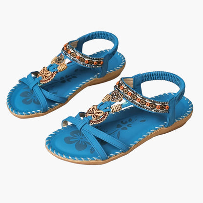 Women's Bohemian Slip-On Sandals with Ornaments and Ankle Strap - Casual Chic Style