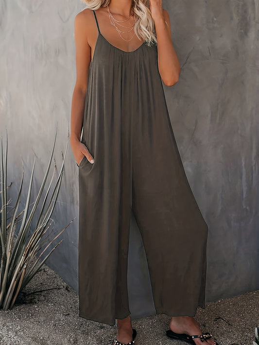 Combinaison ample décontractée femme style été à bretelles fines et poches – Look chic et confortable pour vacances ou ville