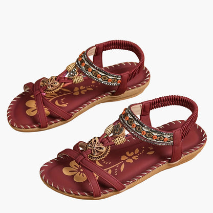 Women's Bohemian Slip-On Sandals with Ornaments and Ankle Strap - Casual Chic Style