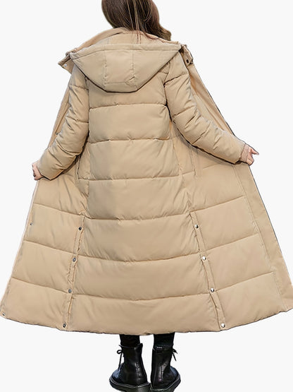 Manteau long matelassé à capuche pour femme, style élégant hiver, usage urbain et décontracté