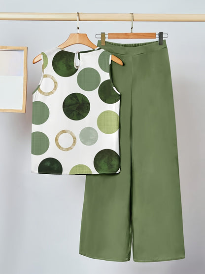 Completo Casual Donna Tunica Senza Maniche e Pantaloni Larghi Stile Moderno
