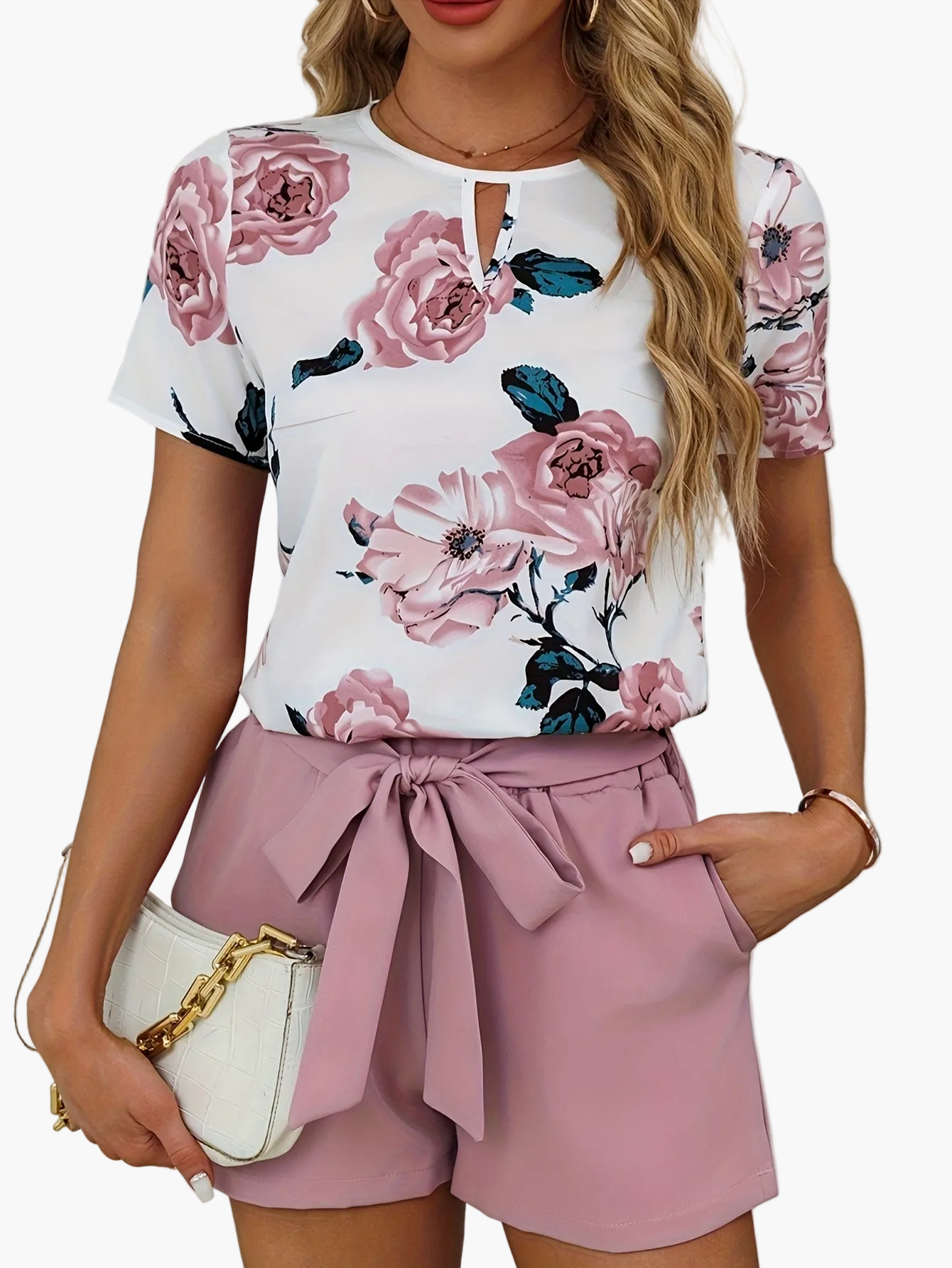 Conjunto femenino elegante con estampado floral y cinturón – estilo primavera verano, ideal para salidas o uso diario
