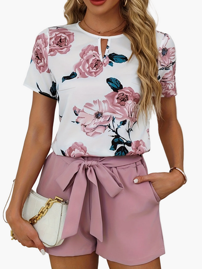 Conjunto femenino elegante con estampado floral y cinturón – estilo primavera verano, ideal para salidas o uso diario