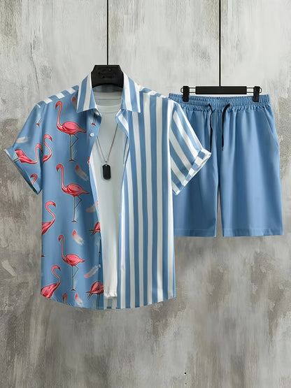 Ensemble décontracté homme style vacances, motif flamants roses et rayures, idéal été et loisirs