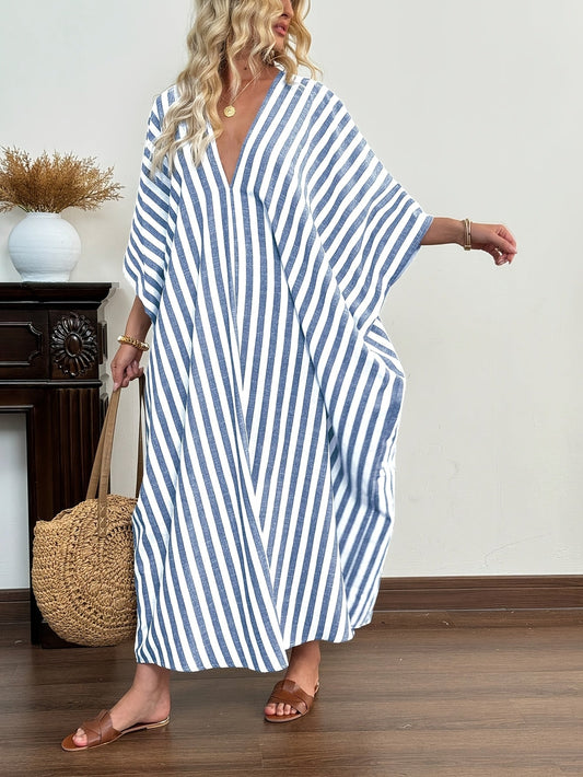 Vestido Caftán Largo para Mujer Estilo Resort Elegante a Rayas para Vacaciones y Playa