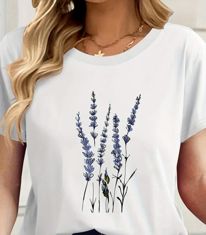T-shirt Femme Style Décontracté avec Motif Fleurs Sauvages Illustration Botanique