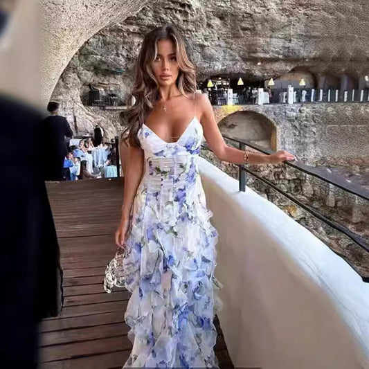 Robe longue femme style féérique élégante à imprimé floral pour soirées et événements