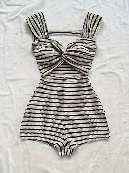 Combinaison Short Femme à Rayures Style Vintage Élégant Été
