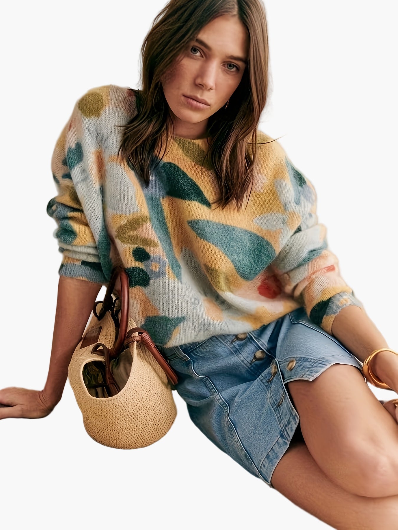 Pull femme élégant style artistique pour automne/hiver - motif floral abstrait, coupe moderne