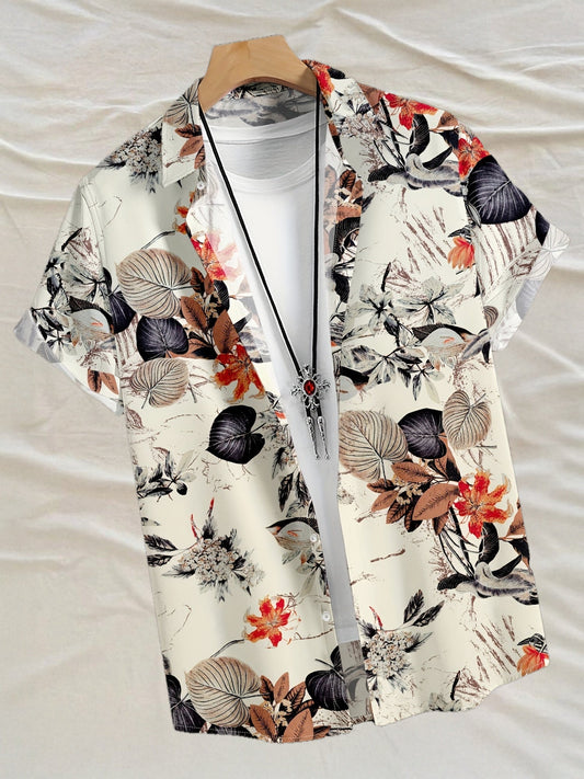 Men's vacation shirt with short sleeves, botanical pattern, casual tropical style