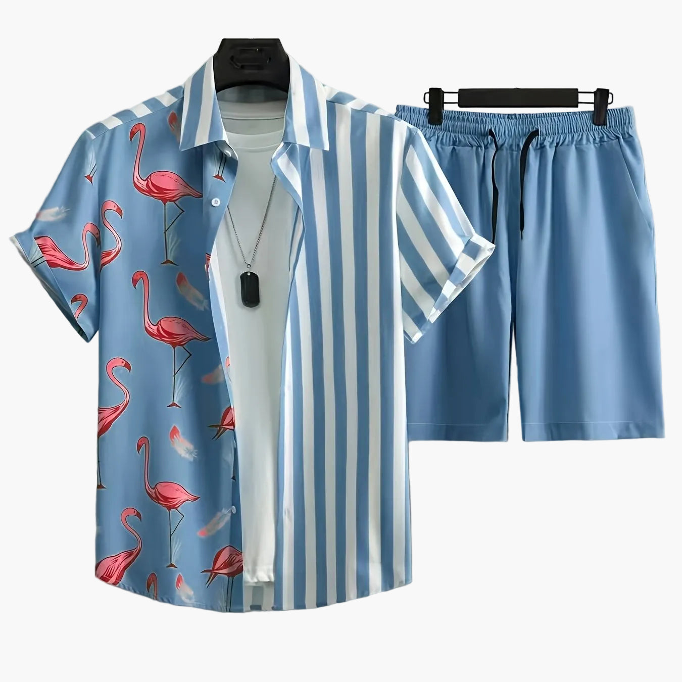 Ensemble décontracté homme style vacances, motif flamants roses et rayures, idéal été et loisirs