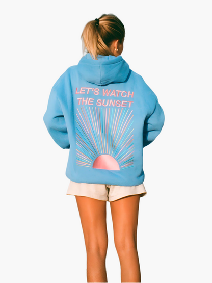 Sweat à Capuche Oversize Femme Style Décontracté Message 'Let's Watch the Sunset' Idéal pour Plage et Loisirs