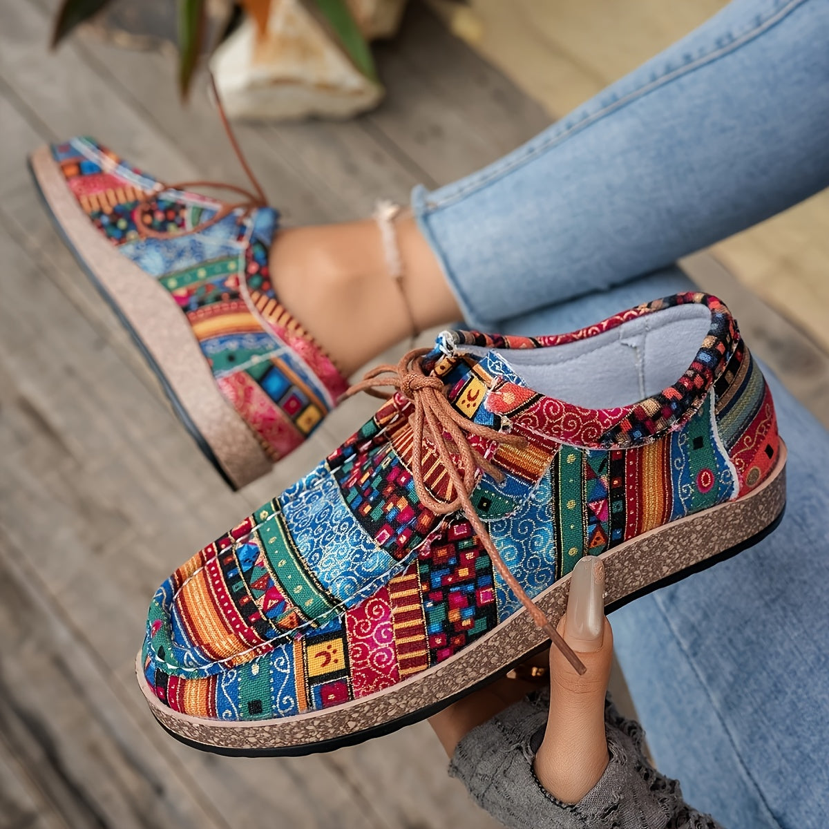 Vintage casual schoenen voor dames in mocassinstijl met etnische patronen