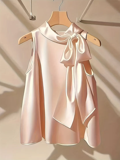 Blouse sans manches femme style élégant avec col lavallière et coupe ample pour sorties ou occasions spéciales