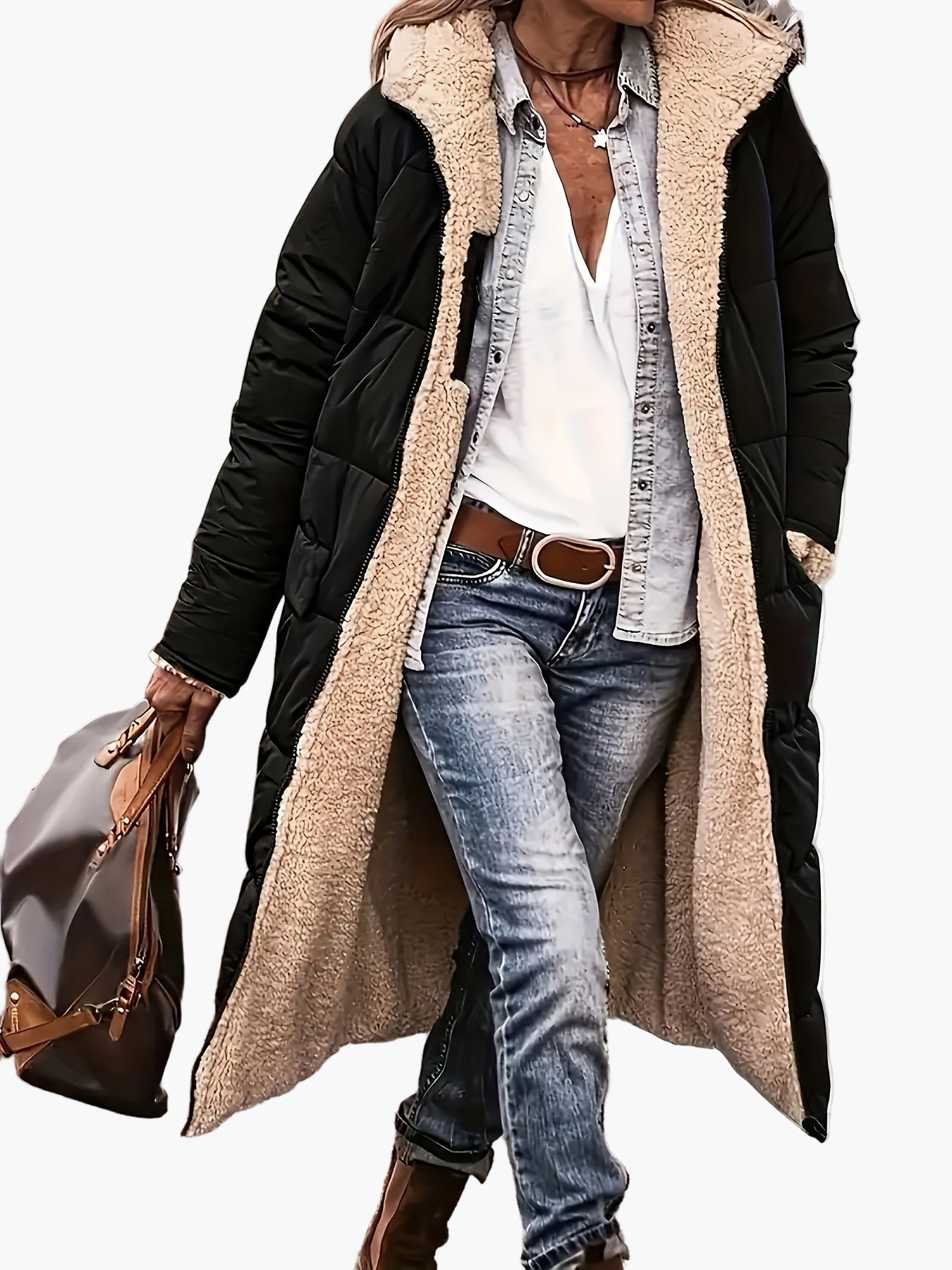 Manteau long d'hiver femme style décontracté avec capuche et doublure chaude, idéal pour les voyages et le quotidien