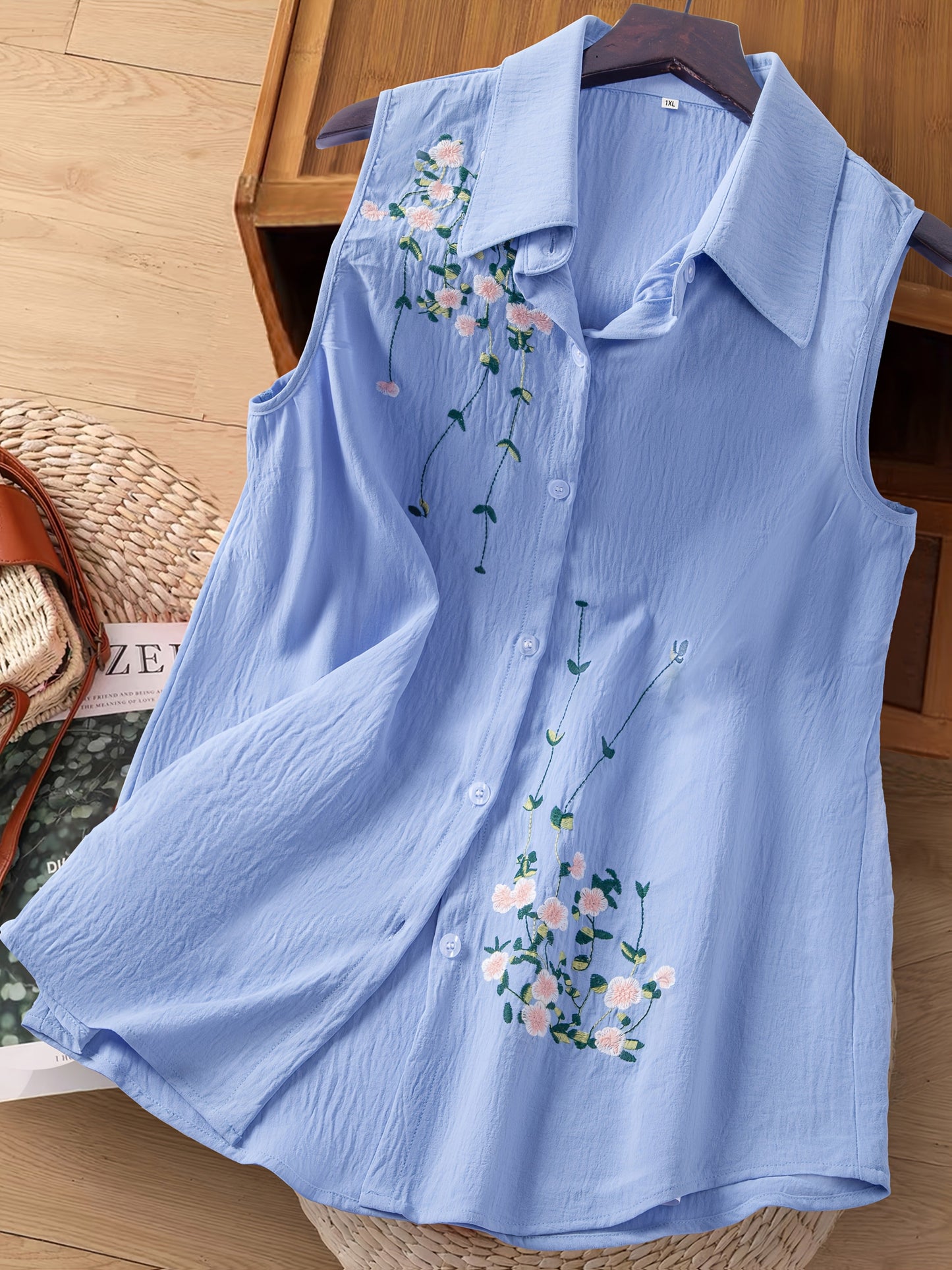 Ærmeløs damebluse i elegant stil med blomsterbroderi - Til daglig brug eller kontor