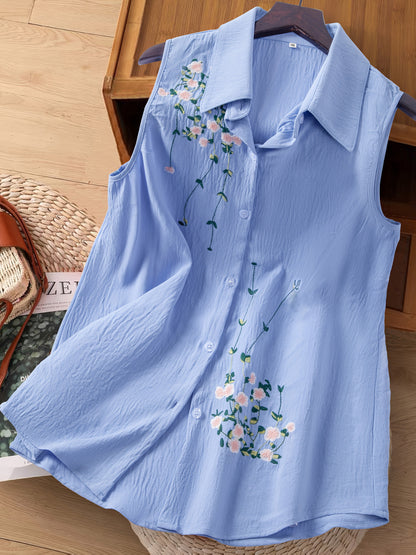 Ærmeløs damebluse i elegant stil med blomsterbroderi - Til daglig brug eller kontor