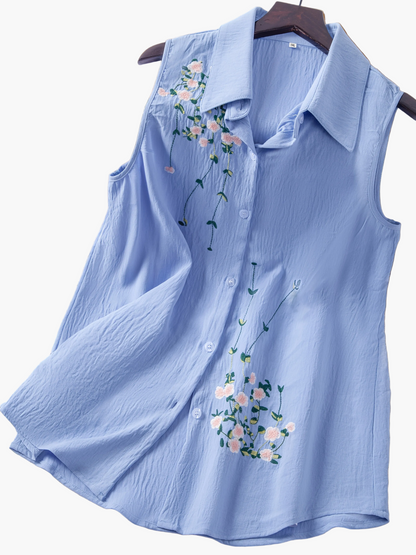 Ærmeløs damebluse i elegant stil med blomsterbroderi - Til daglig brug eller kontor