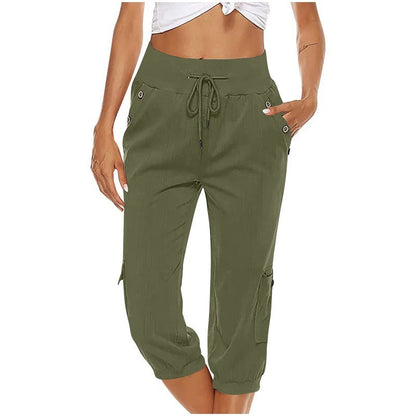 Katie – Pantalon Raccourci en Lin Coton avec Poches Cargo