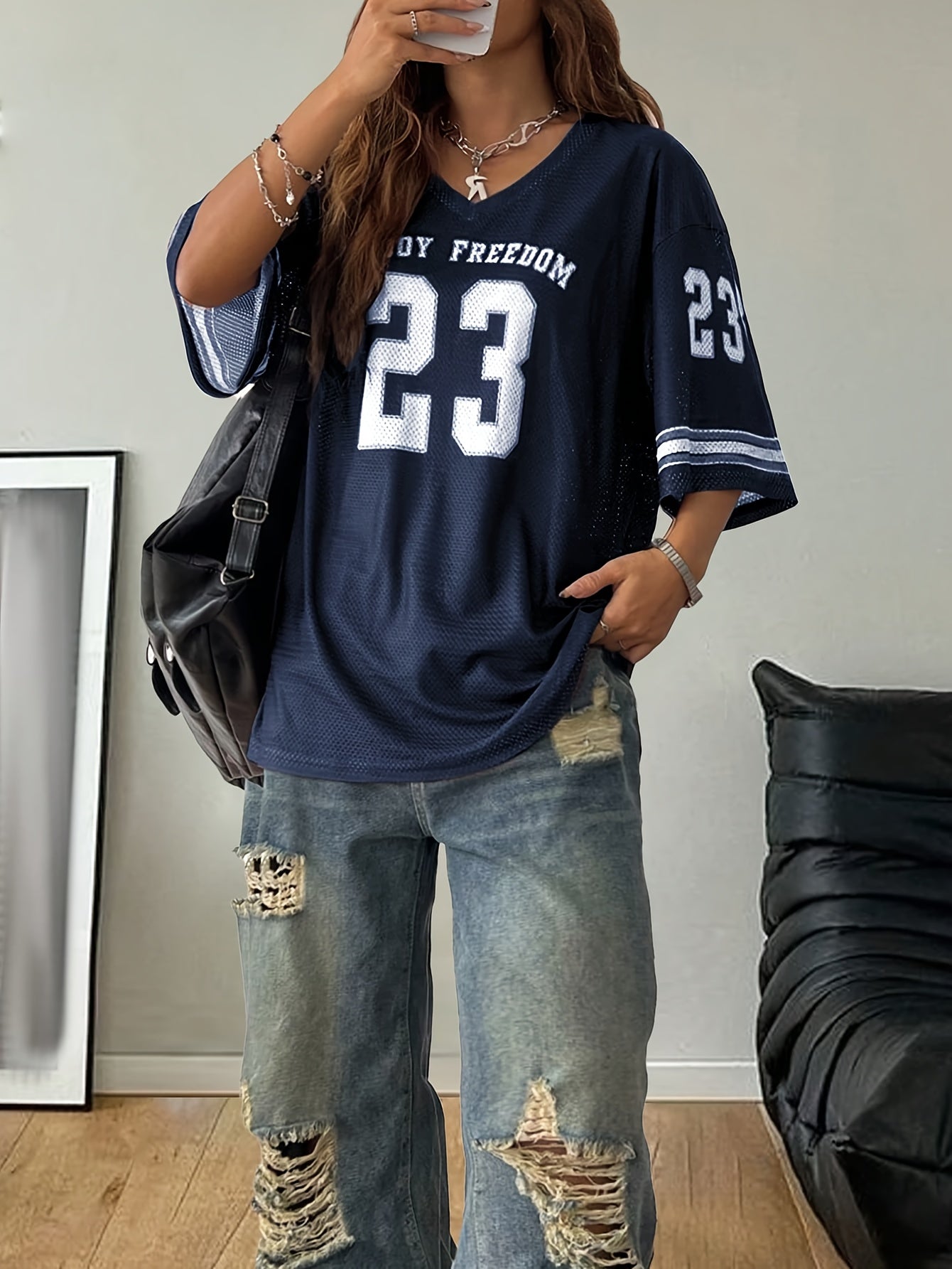 Oversized T-shirt streetwear för kvinnor, avslappnad stil, tryck med nummer 23