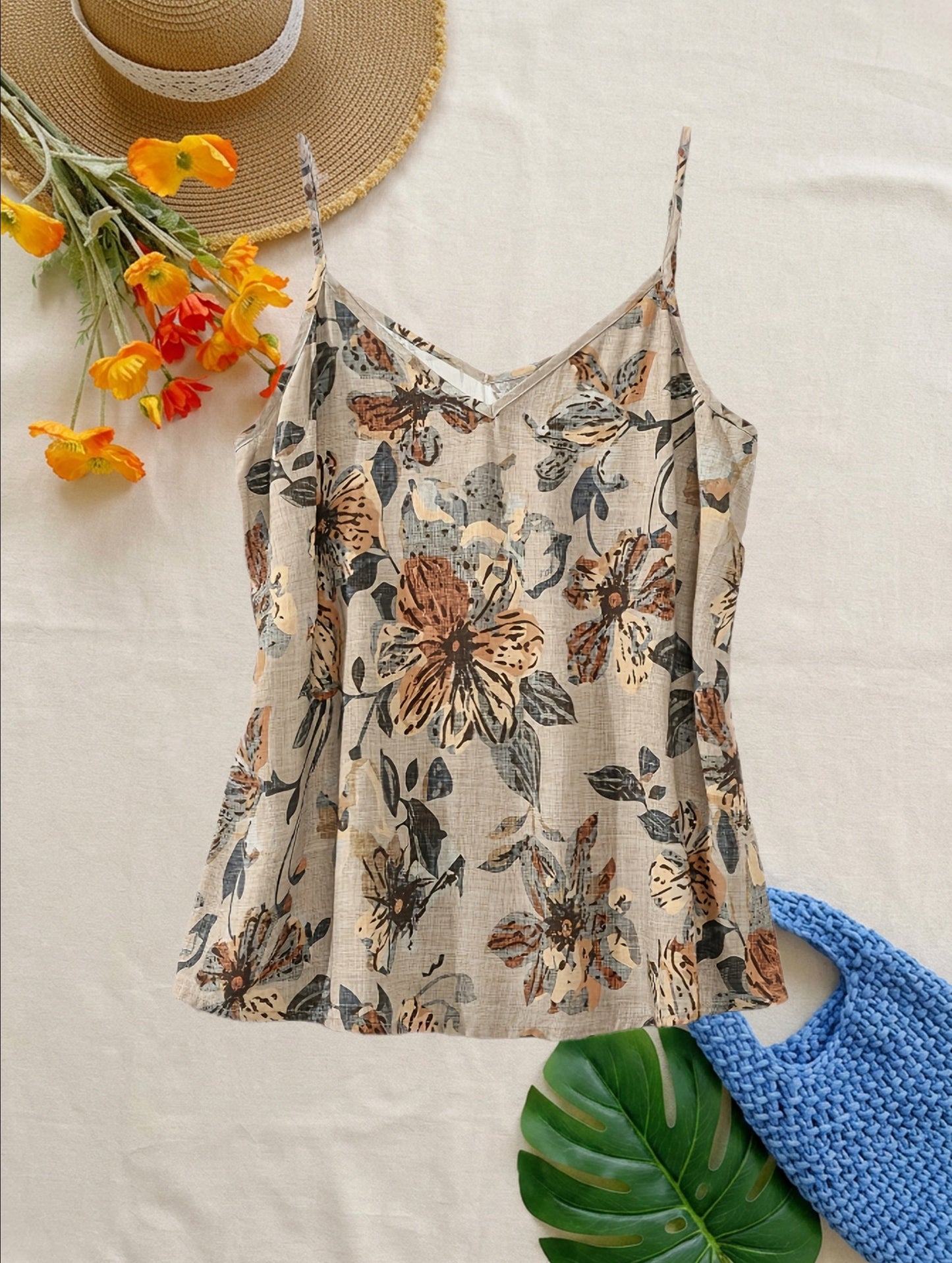 Women's Bohemian Style Tank Top with Thin Straps and Floral Pattern for Summer