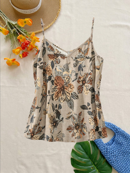 Women's Bohemian Style Tank Top with Thin Straps and Floral Pattern for Summer