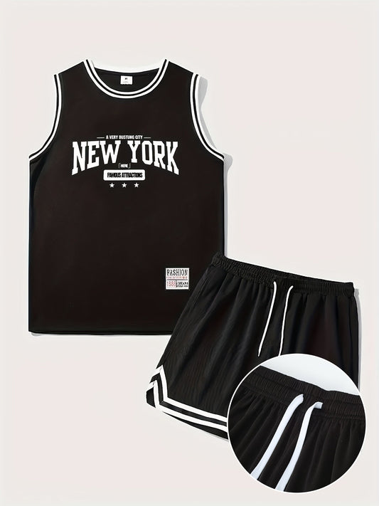 Completo sportivo stile basket da uomo, canotta e pantaloncini, stampa New York, ideale per l'estate e l'allenamento