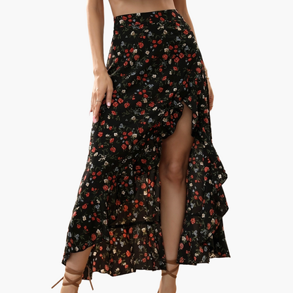 Długa kopertowa spódnica w kwiaty z falbanami dla kobiet, elegancki styl boho, idealna na lato i wakacje