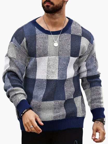 Pull décontracté à carreaux homme style automne/hiver col rond