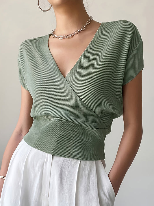 Haut femme style cache-cœur décontracté col en V manches courtes pour tous les jours