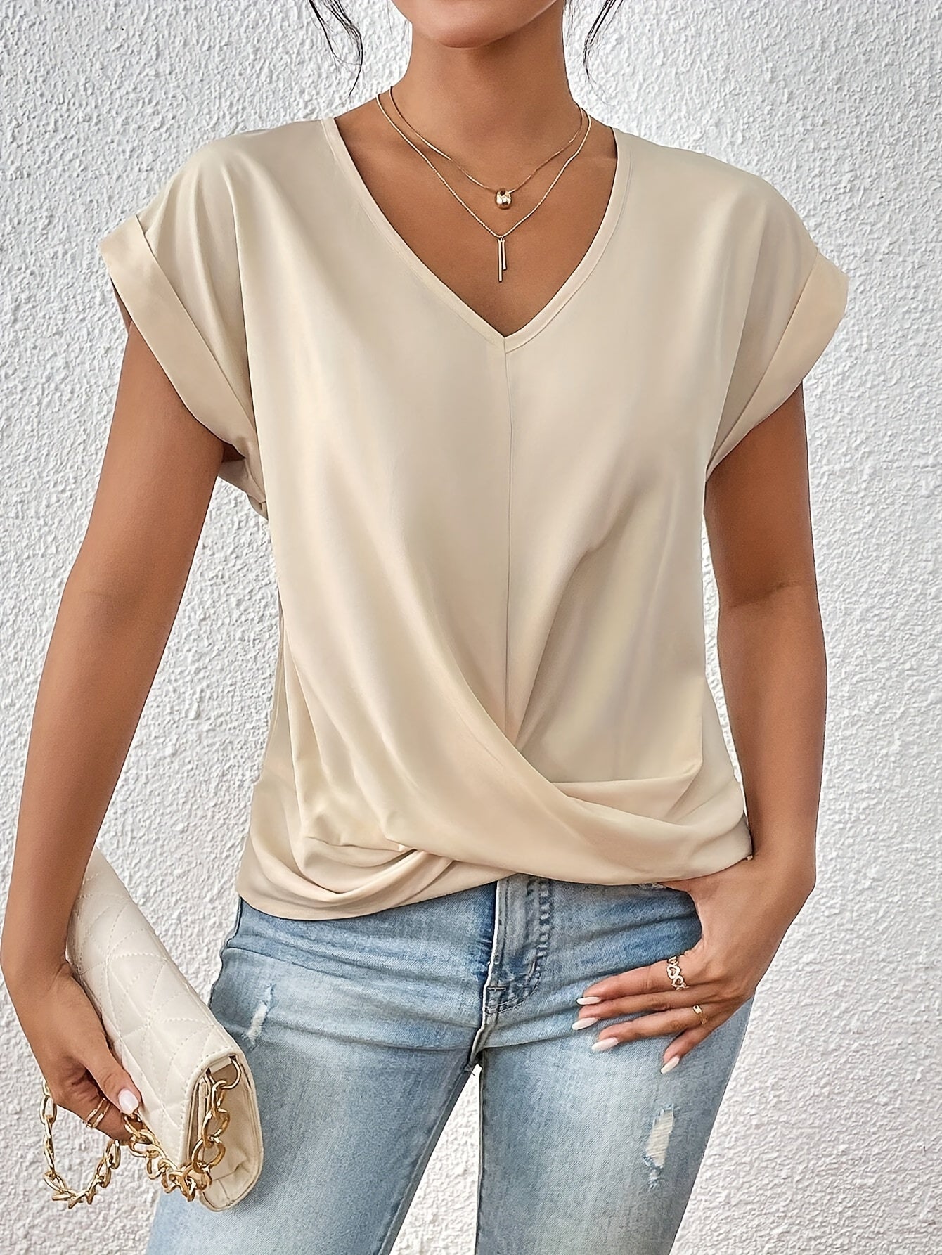Elegant Women's Blouse Casual Style V-Neck Short Sleeves for Office and Outings